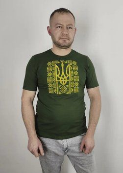 Футболка-вишиванка чоловіча хакі вишита хрестиком Тризуб+орнамент ТМ НоКо
