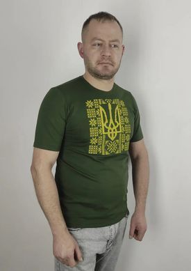 Футболка-вишиванка чоловіча хакі вишита хрестиком Тризуб+орнамент ТМ НоКо