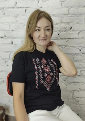 Футболка вышиванка женская черная вышивка красно-белым крестиком ТМ НоКо