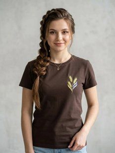 Футболка-вышиванка женская темно-коричневая вышивка Колосья и шерсть ТМ НоКо