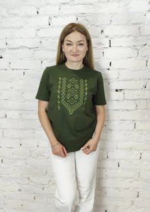 Футболка-вышиванка женская хаки вышивка зелено-черным крестиком ТМ НоКо