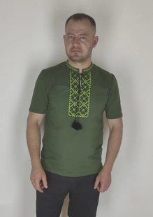 Футболка-вышиванка мужская хаки вышитая темно и светло-зеленым орнаментом ТМ НоКо
