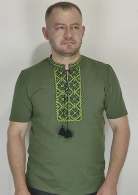 Футболка-вишиванка чоловіча хакі вишита темно і світло-зеленим орнаментом ТМ НоКо