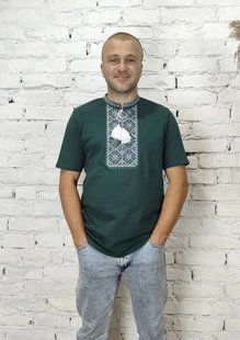 Футболка-вышиванка мужская зеленая вышитая серо-белым орнаментом ТМ НоКо