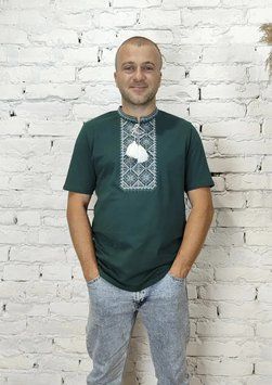 Футболка-вишиванка чоловіча зелена вишита сіро-білим орнаментом ТМ НоКо