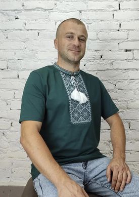 Футболка-вишиванка чоловіча зелена вишита сіро-білим орнаментом ТМ НоКо