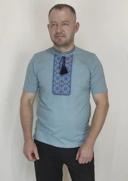 Футболка-вишиванка чоловіча темно-блакитна вишита синьо-чорним орнаментом ТМ НоКо